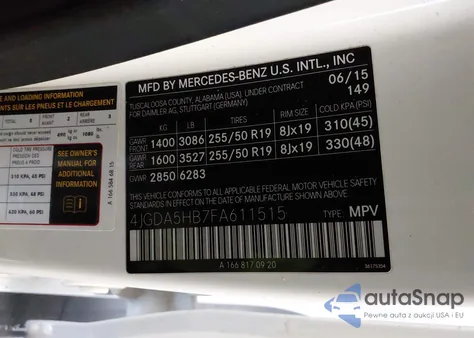 2015 Mercedes-Benz Ml 350 4Matic from USA, damaged, VIN 4JGDA5HB7FA611515